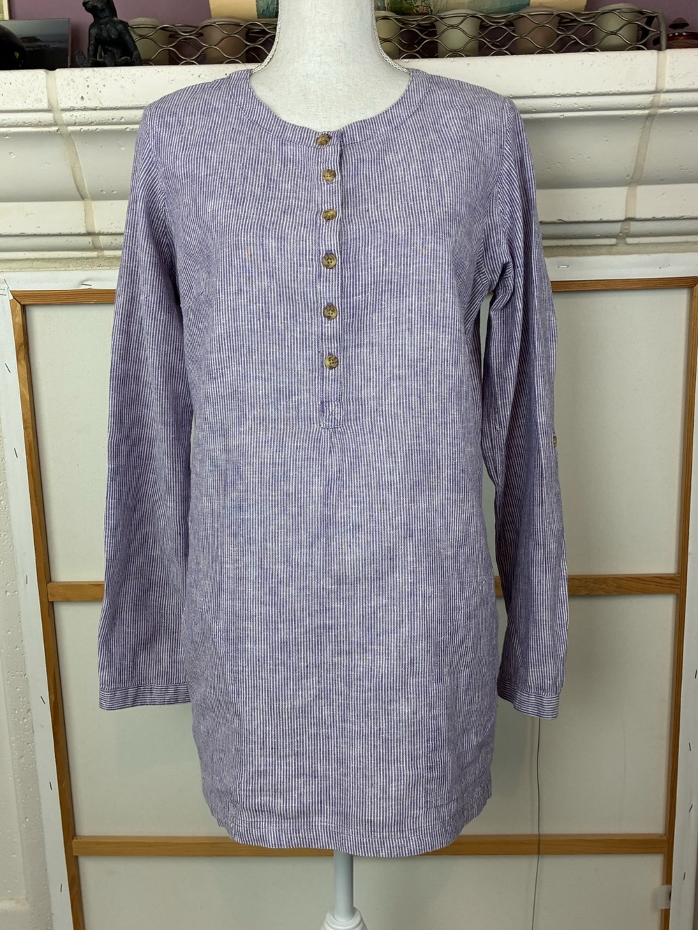 Duluth Trading Co Hemp Purple Striped Tunic oversized w/ pockets